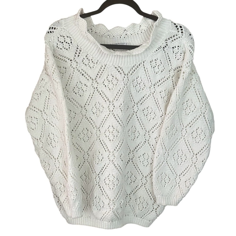 Vintage Mondala Made in USA Ivory 100% Cotton Diamond Eyelet Knit Sweater M/L